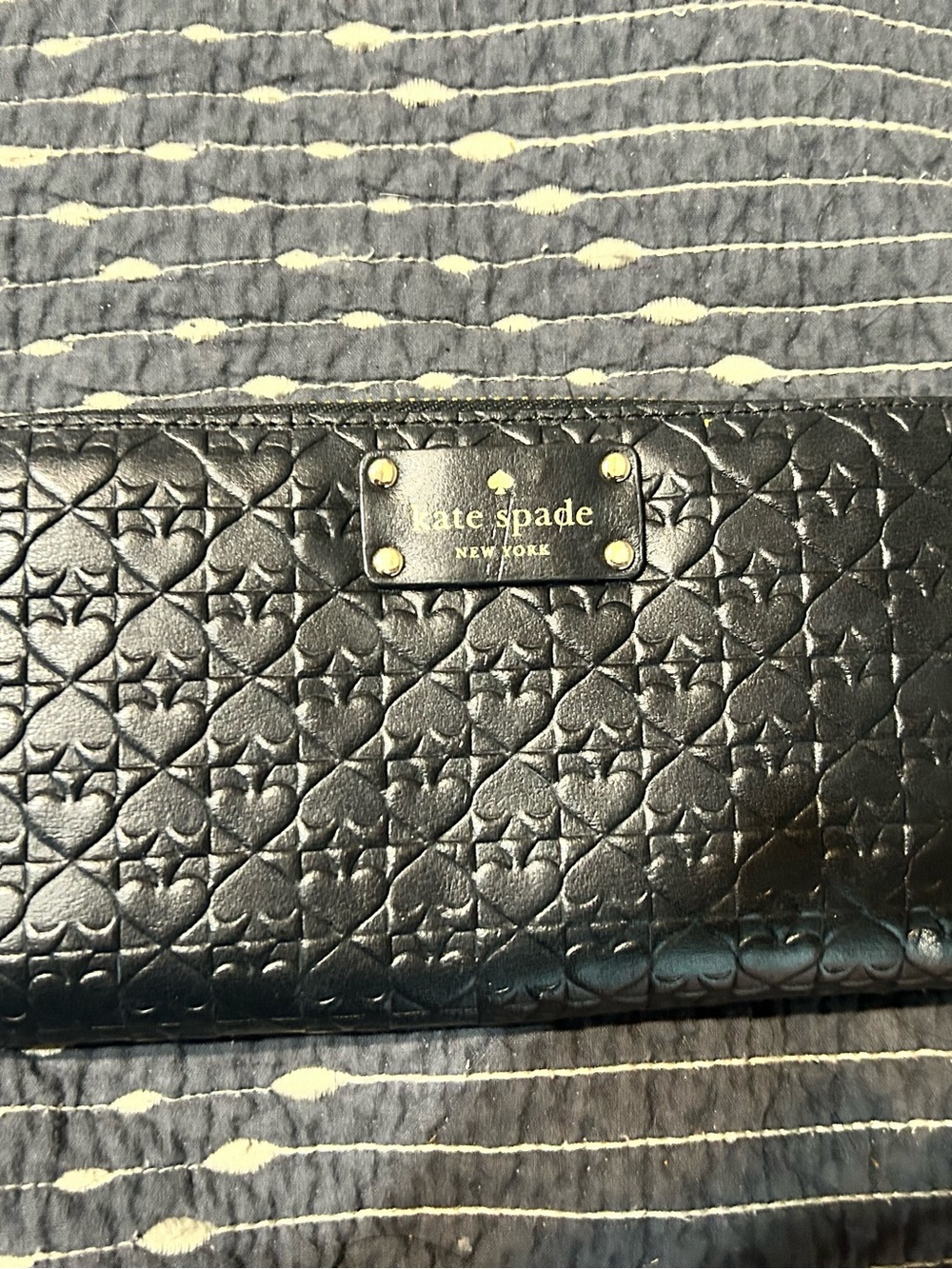 Kate Spade  Black Embossed Leather Continental Zip Wallet with Gold Plate